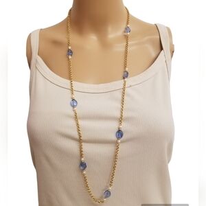 AVON 1986 VENETIAN TOUCH GOLD  CHAIN NECKLACE WITH FAUX PEARL & SAPPHIRE BEADS